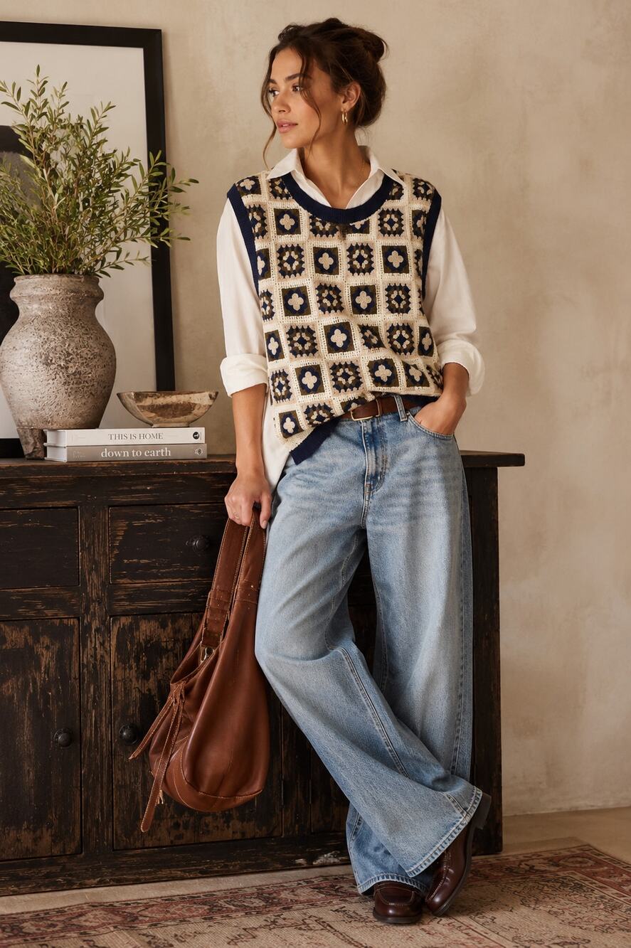 WESC Granny Square Crochet Sweater Vest Unisex Men L Women XL Boho